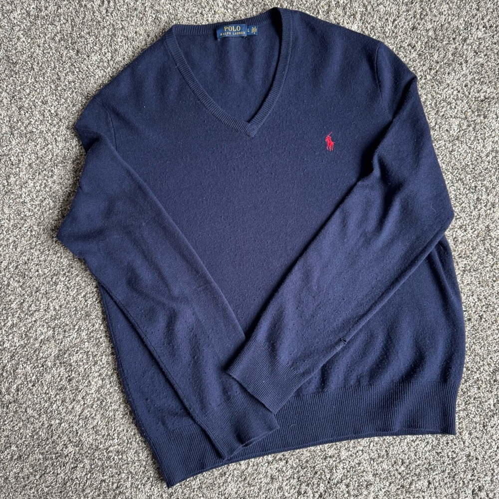 Polo Ralph Lauren navy V-neck 100% merino wool sweater with red pony FLAWED